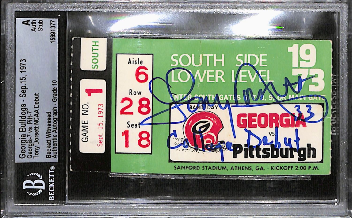 Tony Dorsett Signed Pittsburgh Panthers Ticket Stub 09/15/73 Beckett