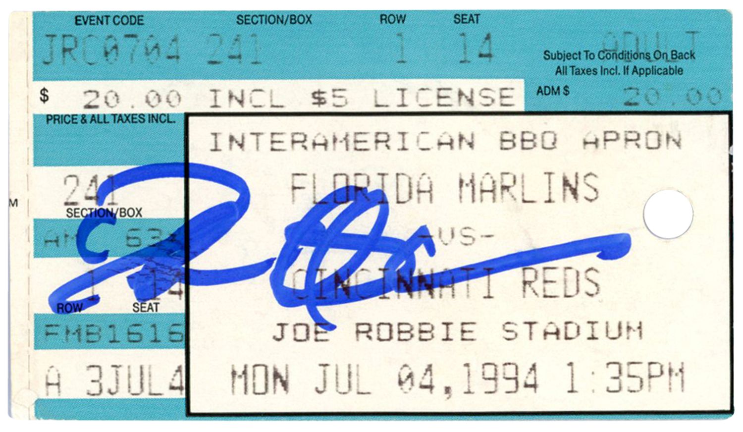 Deion Sanders Signed Cincinnati Reds 7/4/1994 @ Marlins Ticket BAS