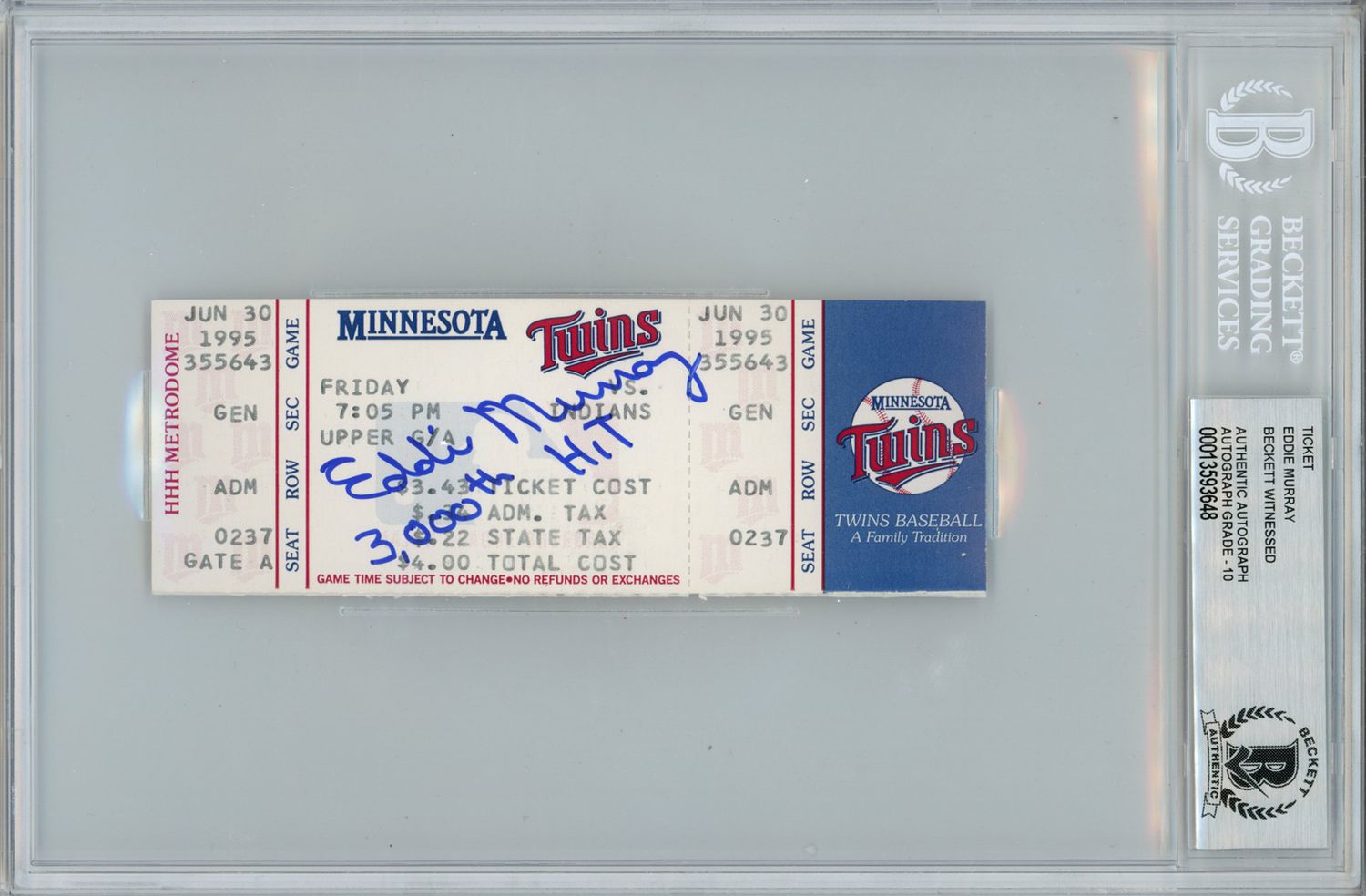 Eddie Murray Signed Baltimore Orioles 3000 Hit Ticket Stub Beckett Slab