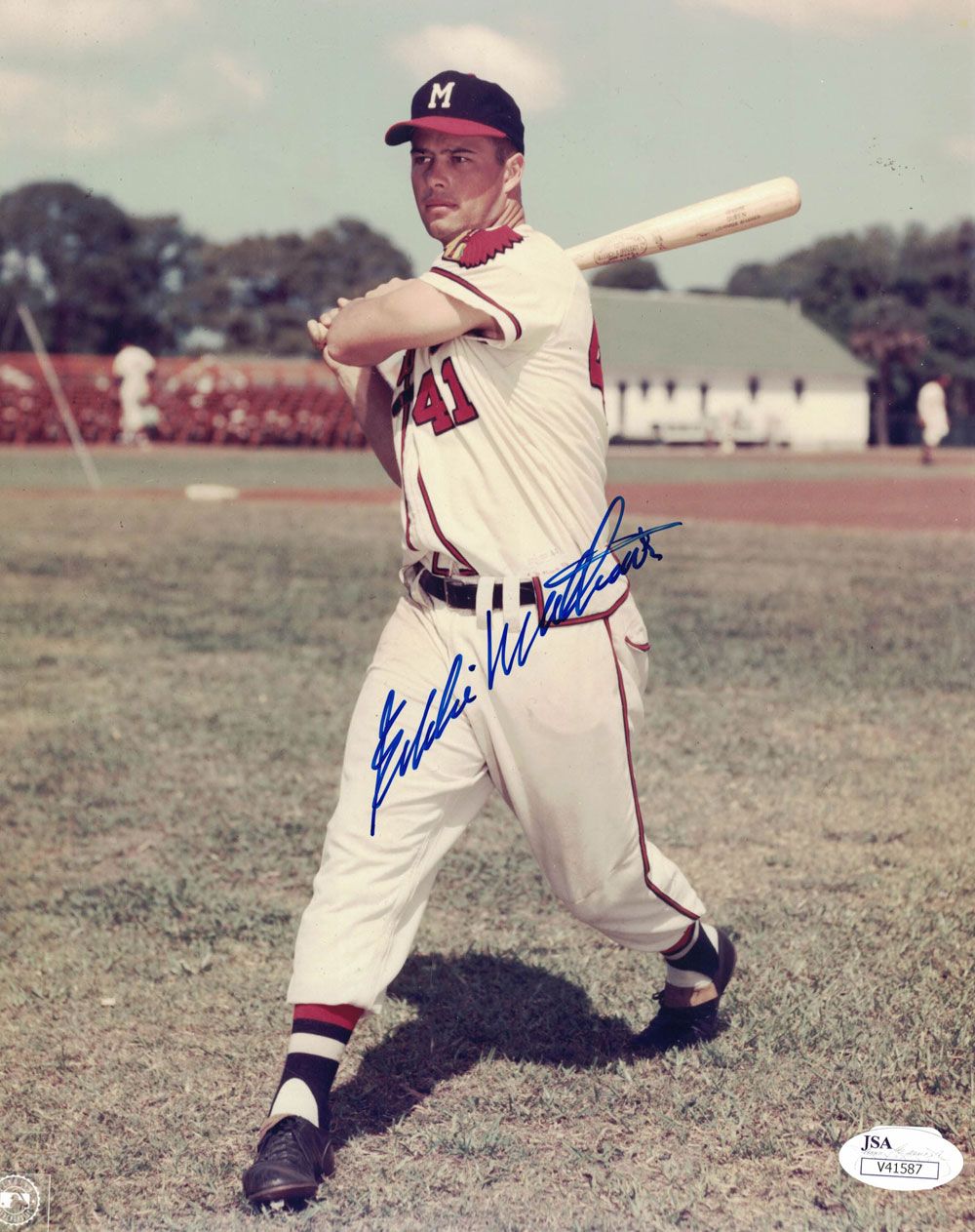 Eddie Matthews Autographed/Signed Milwaukee Braves 8x10 Photo JSA PF