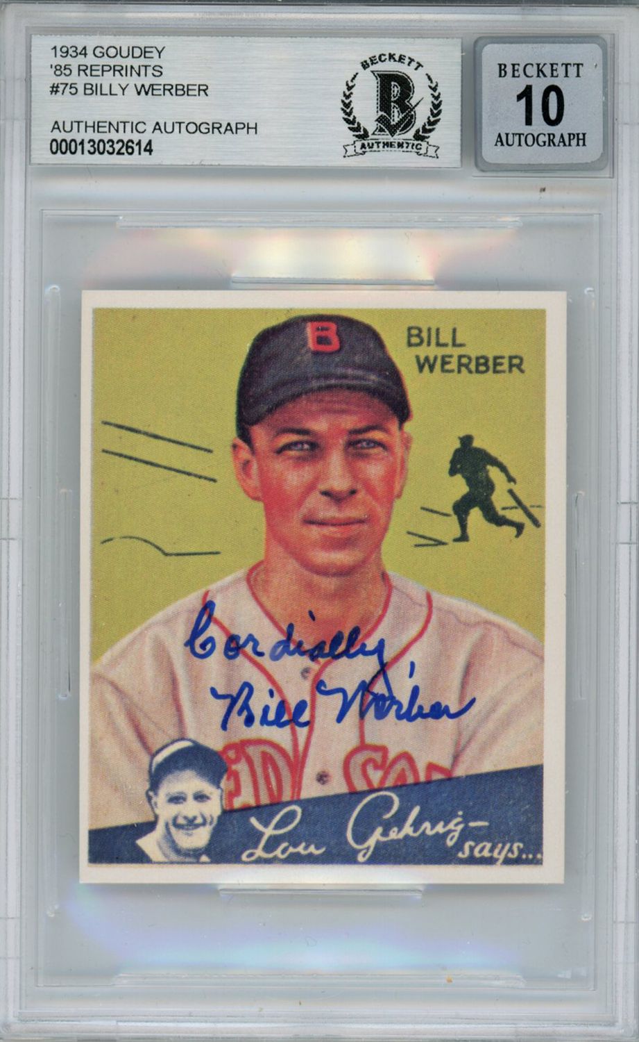 Bill Werber Signed 1934 Goudey &#39;85 Reprints #75 Card Beckett 10 Slab