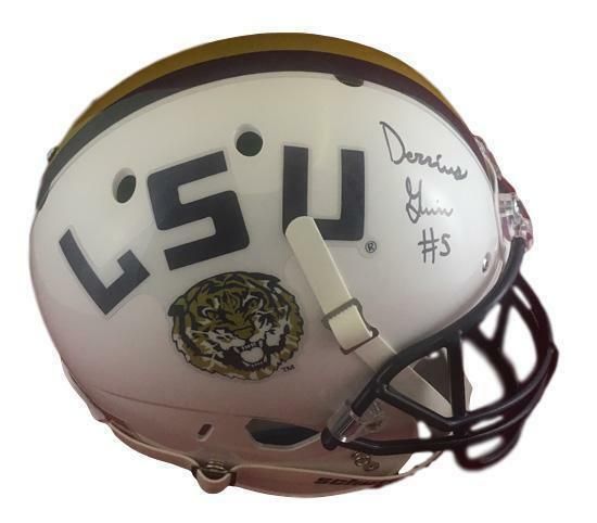 Derrius Guice Autographed LSU Tigers White Replica Schutt Helmet JSA