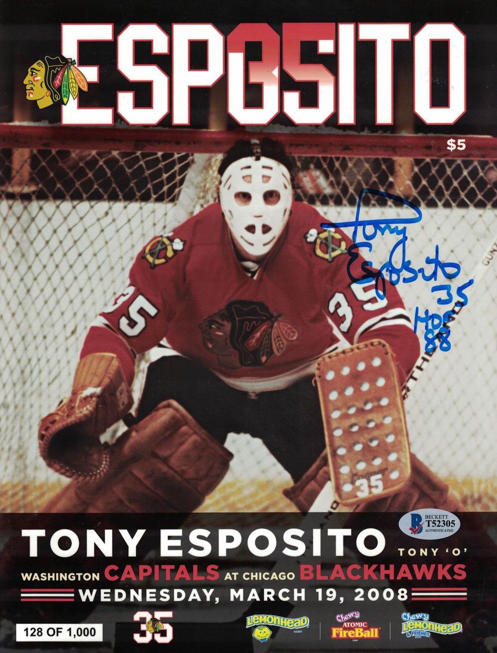 Tony Esposito Autographed/Signed Chicago Blackhawks 2008 Program BAS