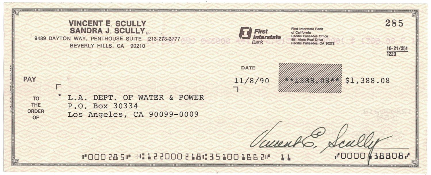 Vin Scully Signed 11/8/1990 First Interstate Bank Check