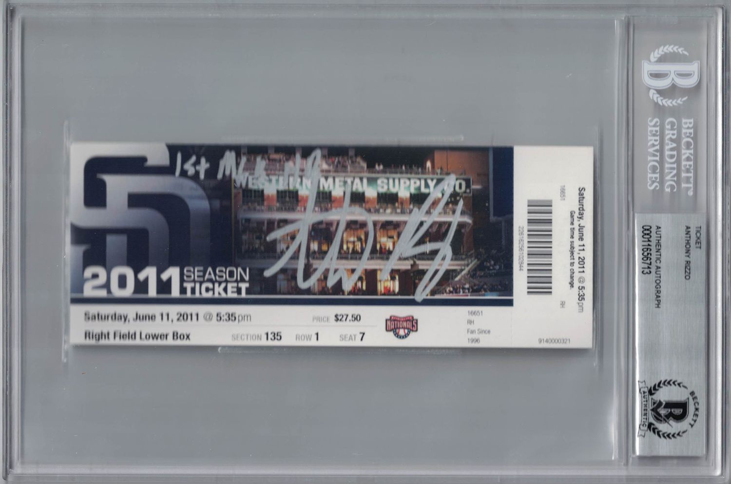Anthony Rizzo Autographed San Diego Padres Ticket 1st MLB HR BAS Slab