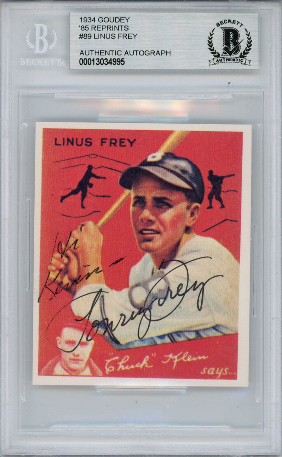 Linus Frey Autographed 1934 Goudey &#39;85 Reprints #89 Card Beckett Slab