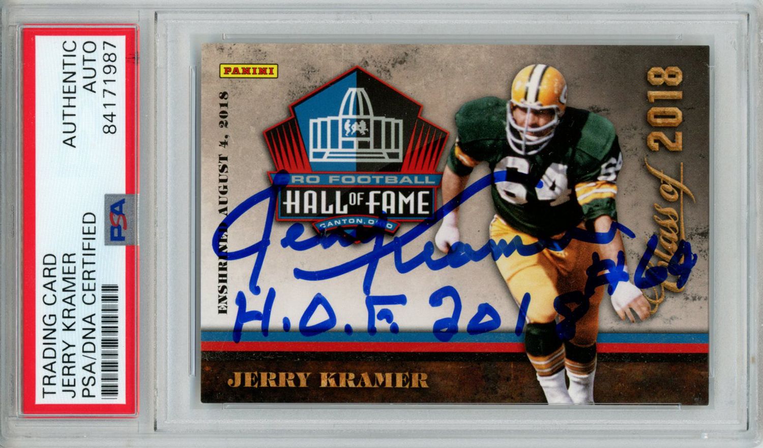 Jerry Kramer Autographed/Signed 2018 Panini #6 Trading Card HOF PSA Slab