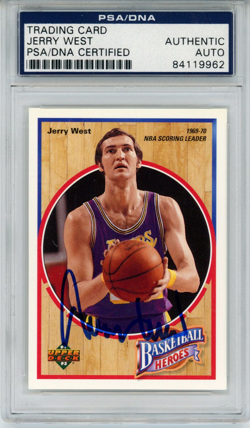 Jerry West Signed 1992 Upper Deck Basketball Heroes Card 4/9 PSA Slab