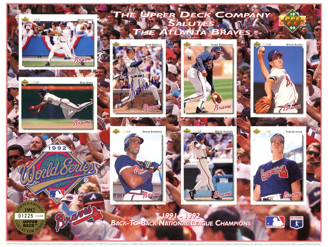John Smoltz Autographed 1992 Upper Deck World Series 8x10 Photo BAS 44373