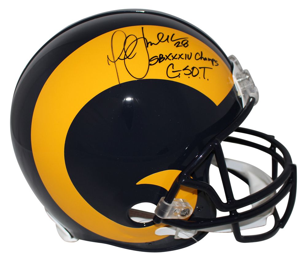 Marshall Faulk Autographed St Louis Rams Authentic TB Helmet 2 Insc BAS