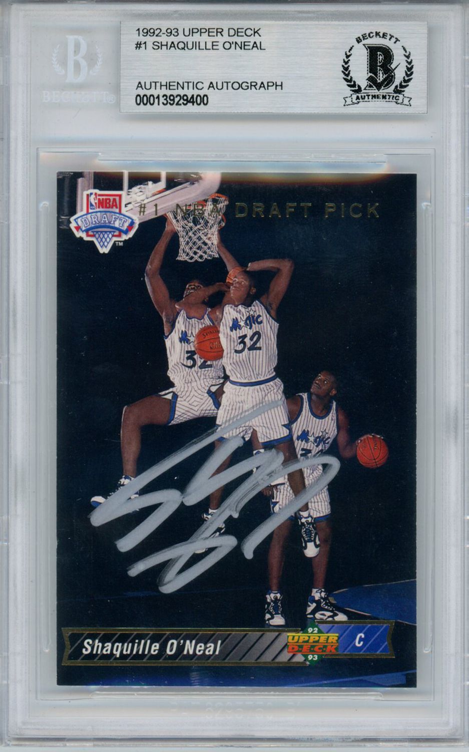 Shaquille O&#39;Neal Autographed 1992 Upper Deck #1 Rookie Card Beckett Slab