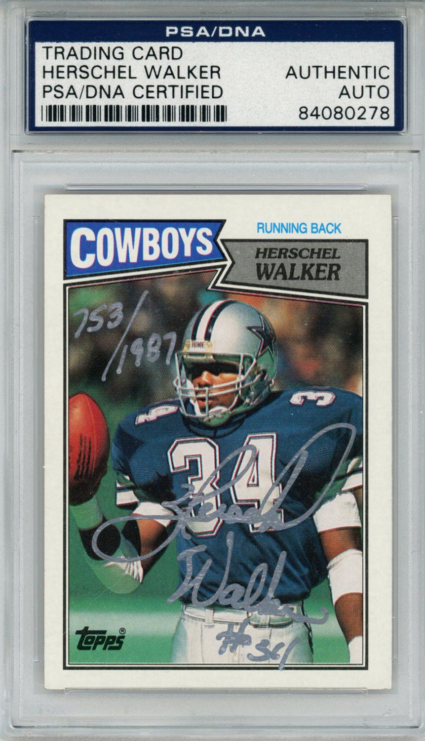 Herschel Walker Signed 1987 Topps #264 Trading Card 753/1987 LE PSA Slab