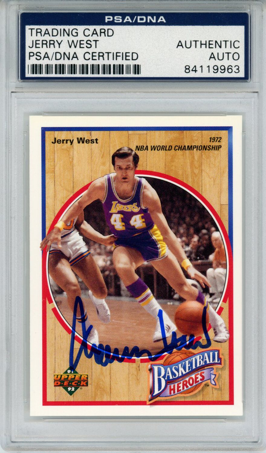 Jerry West Signed 1992 Upper Deck Basketball Heroes Card 5/9 PSA Slab