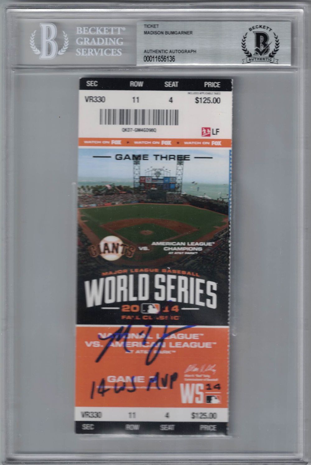 Madison Bumgarner Signed 2014 World Series Game 3 Ticket WS MVP BAS Slab