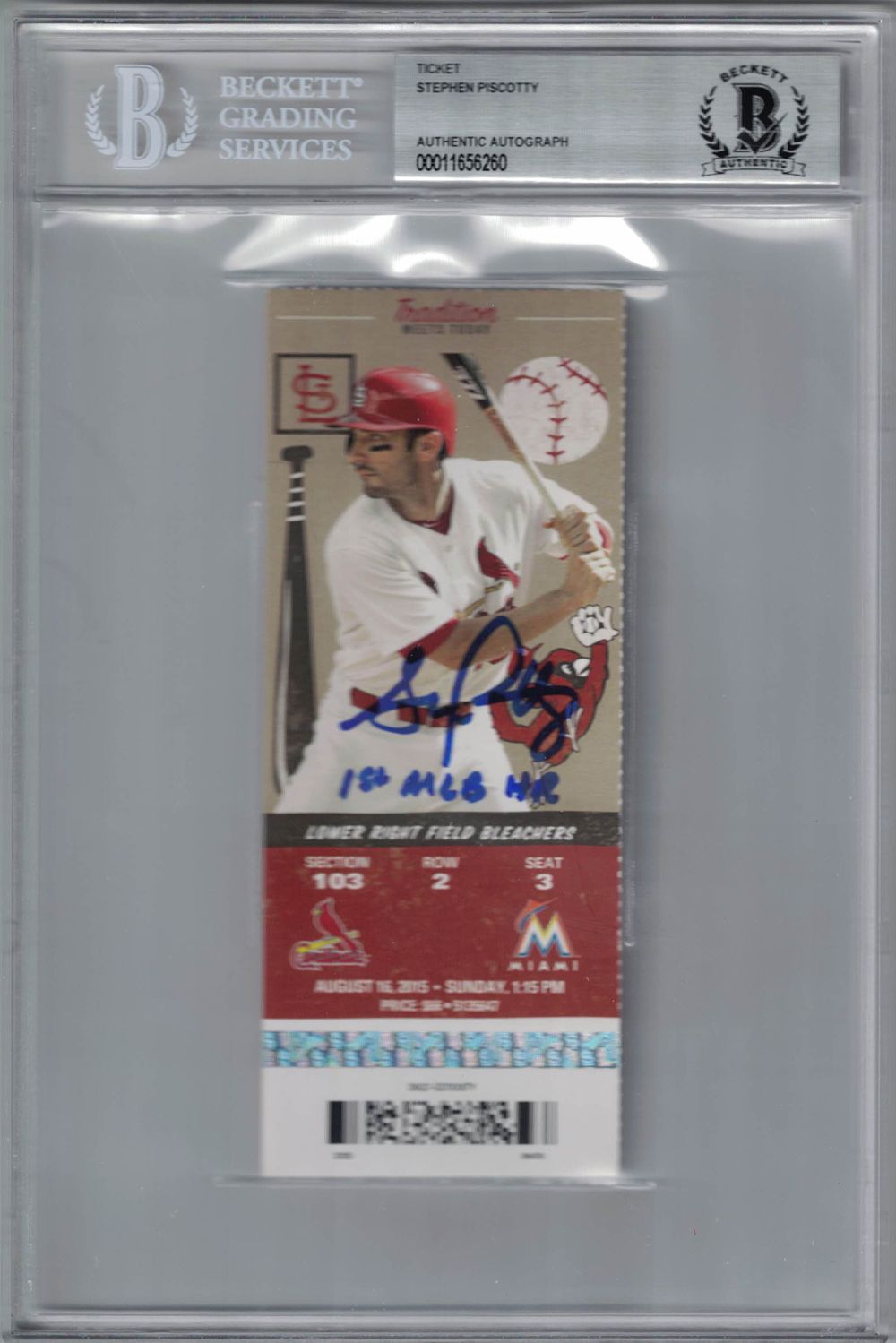 Stephen Piscotty Autographed St Louis Cardinals Ticket 1st MLB Hr BAS Slab
