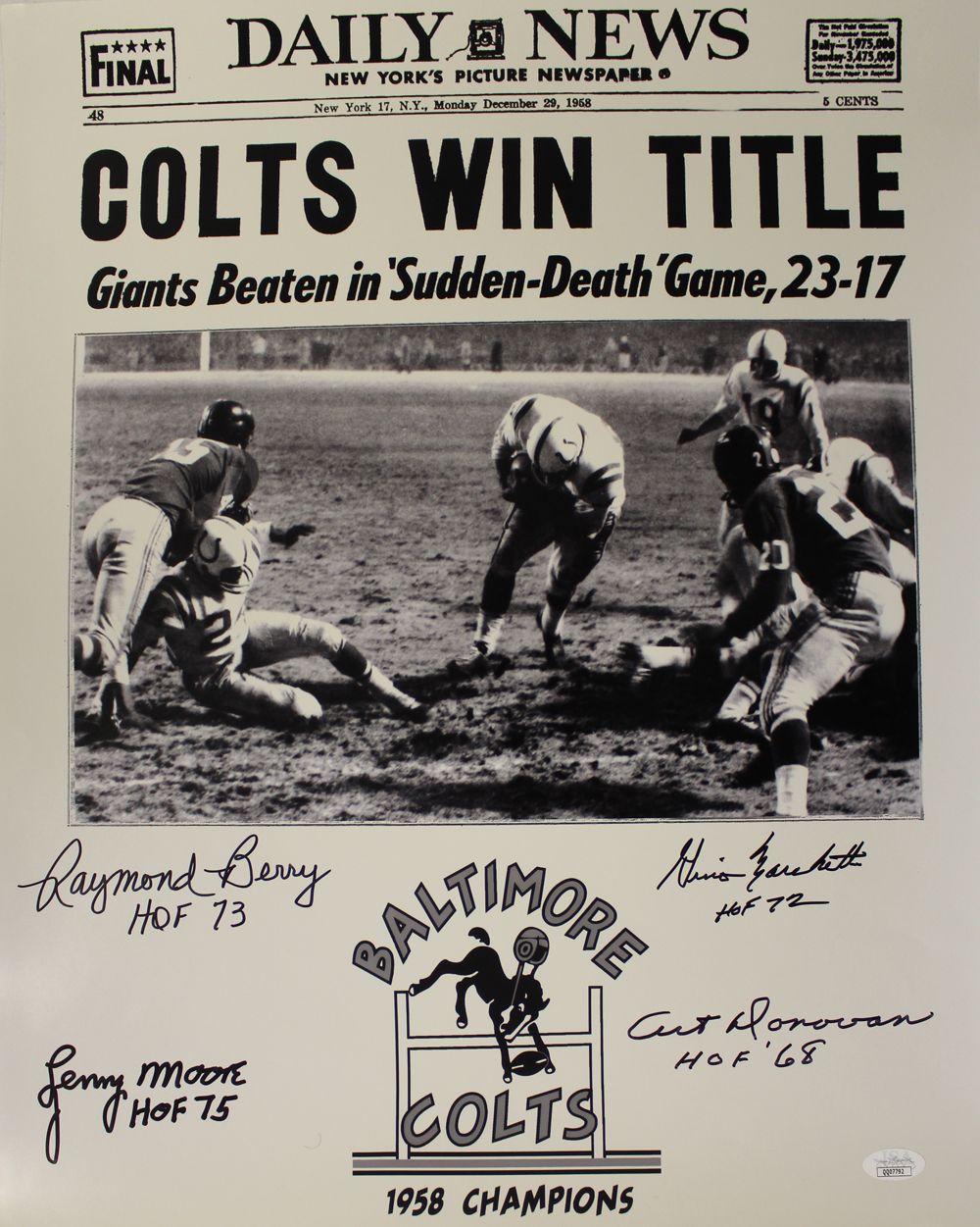 Baltimore Colts Hall Of Fame Autographed/Signed 16x20 Photo 5 Sigs JSA