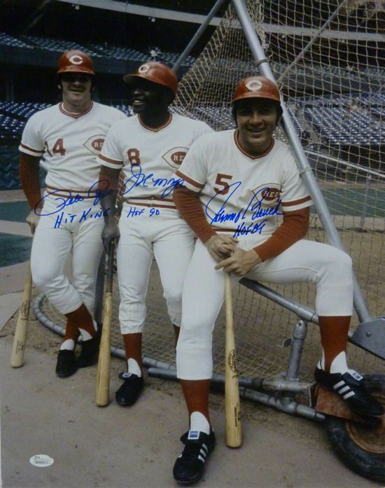 Cincinnati Reds Autographed 16x20 Photo w/ROSE, MORGAN, BENCH Hit King, HOF 90, HOF 89 Inscriptions JSA