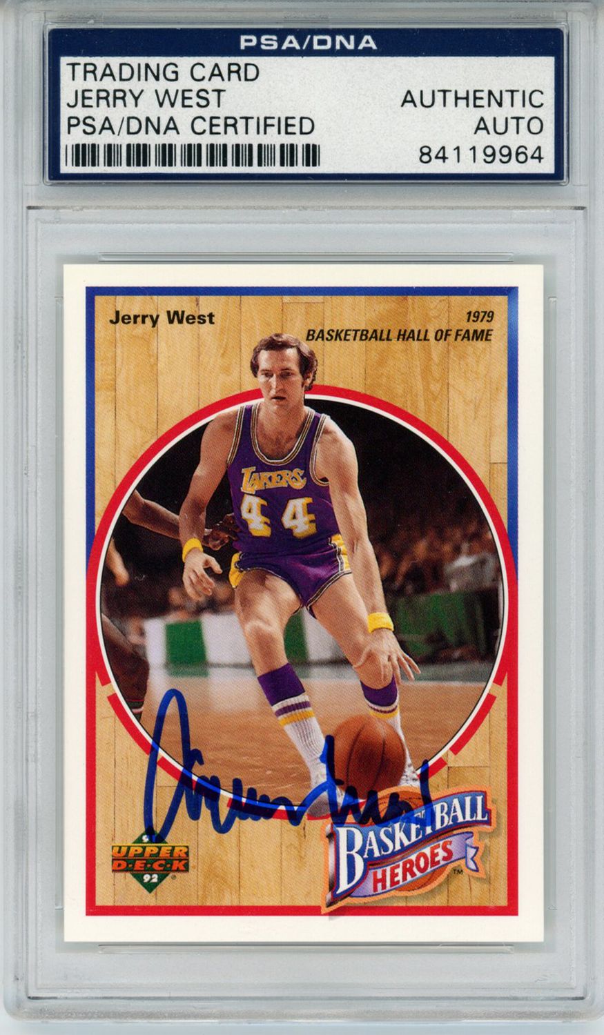 Jerry West Signed 1992 Upper Deck Basketball Heroes Card 7/9 PSA Slab