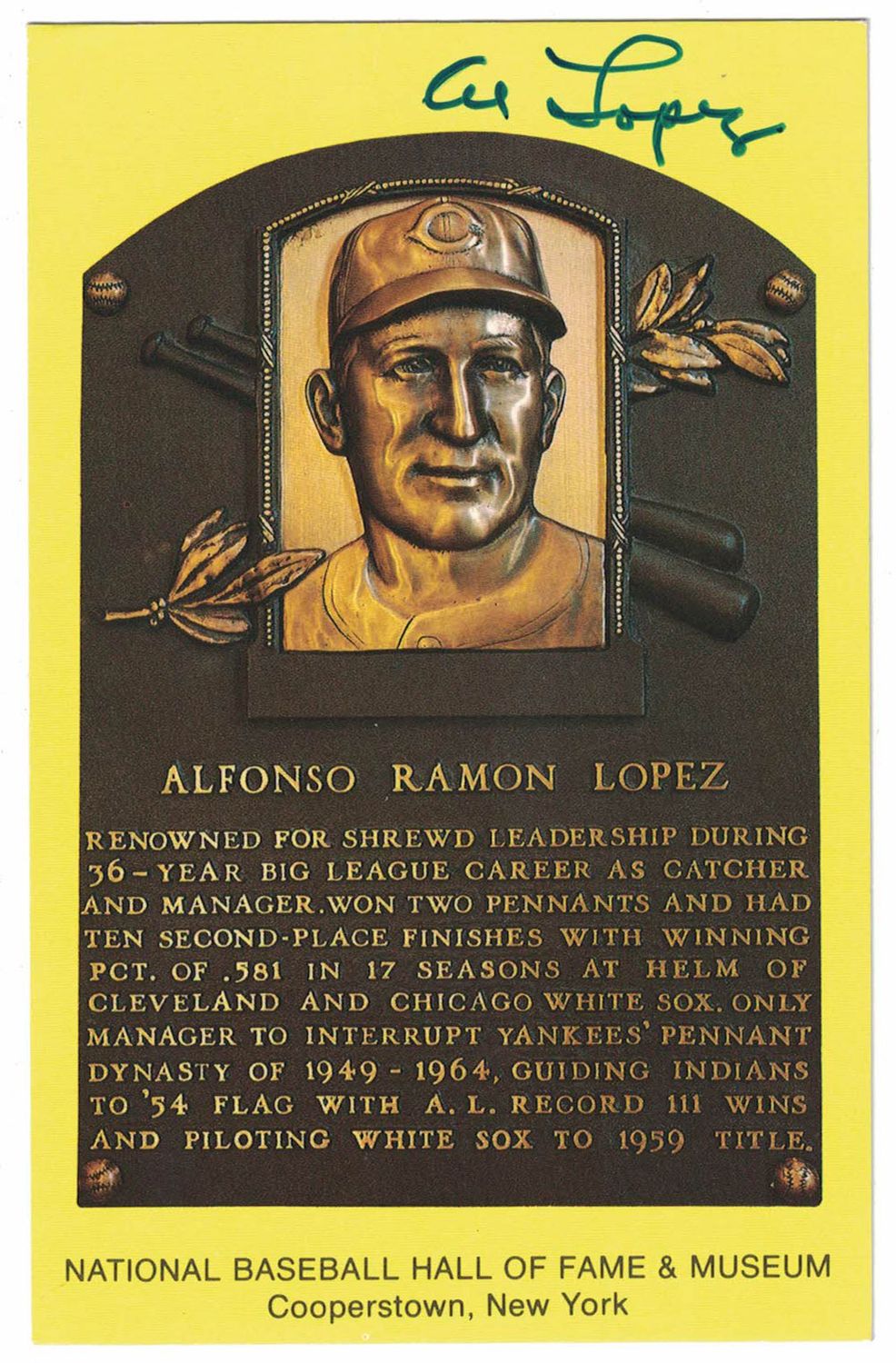 Alfonso Lopez Autographed Cleveland Indians Hall Of Fame Plaque Postcard BAS