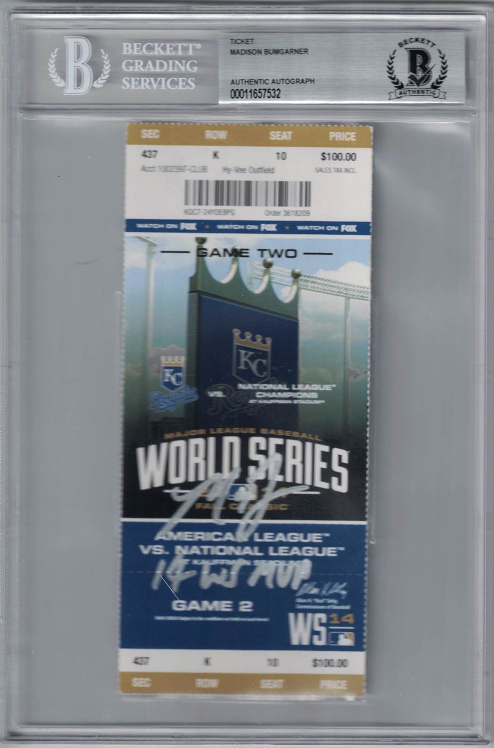Madison Bumgarner Signed Giants 2014 World Series Game 2 Ticket MVP BAS