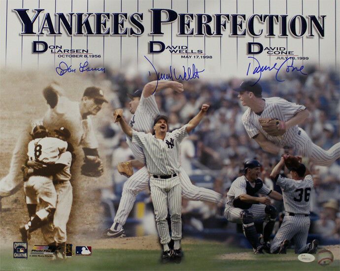 New York Yankees Autographed Perfect Game 16x20 Photo Larsen Wells Cone JSA