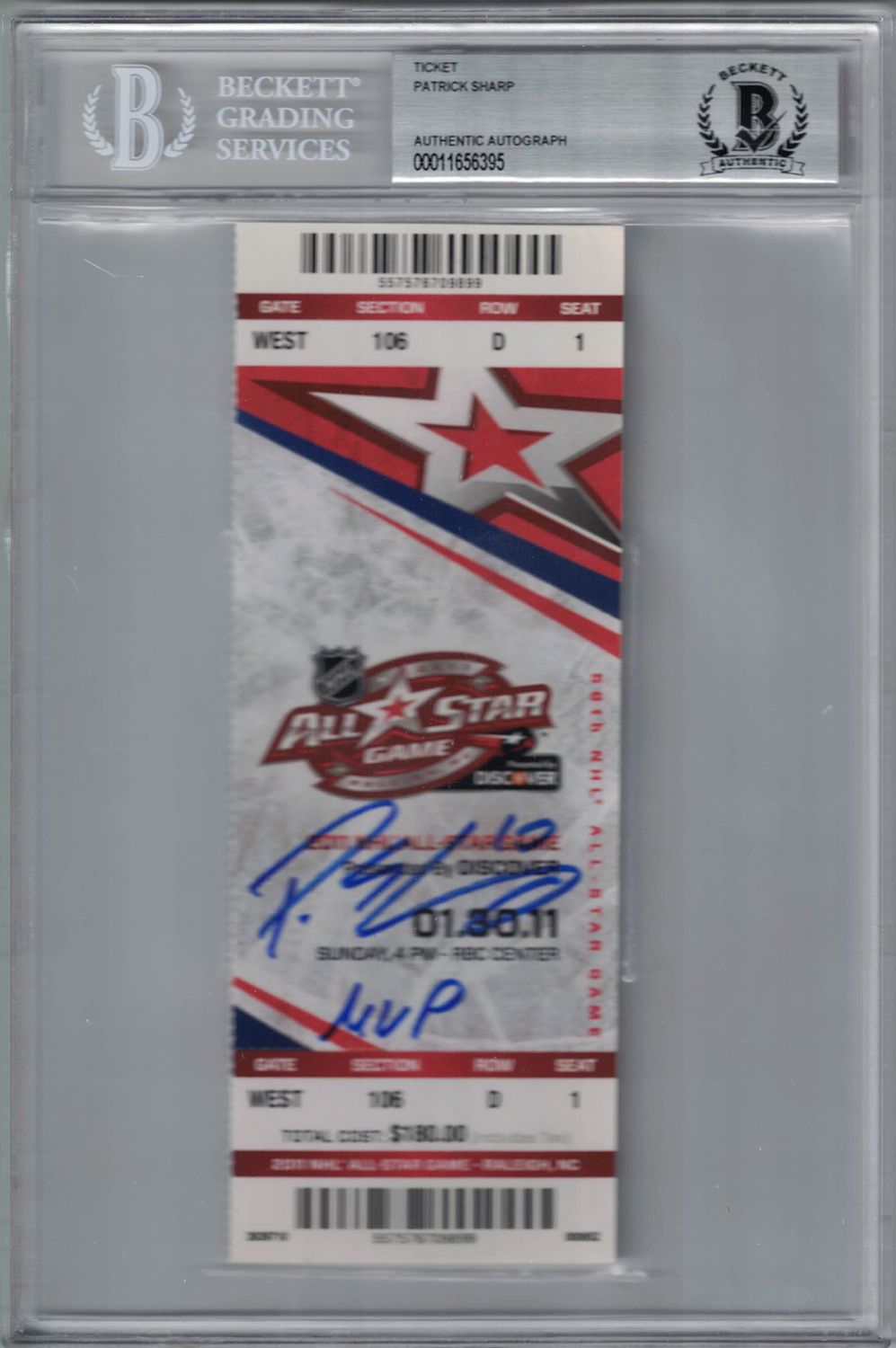 Patrick Sharp Autographed 2011 NHL All Star Game Ticket MVP BAS Slab