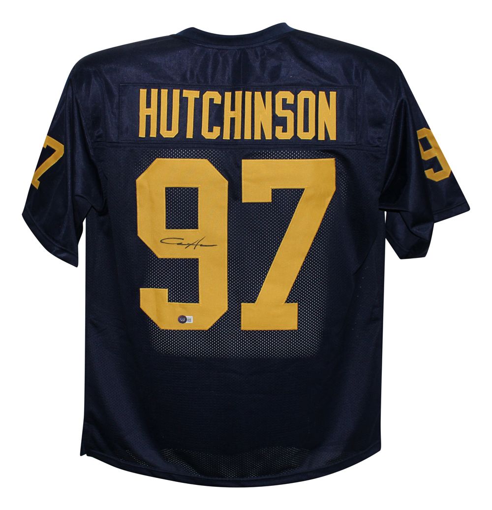 Aidan Hutchinson Autographed/Signed College Style Blue XL Jersey Beckett
