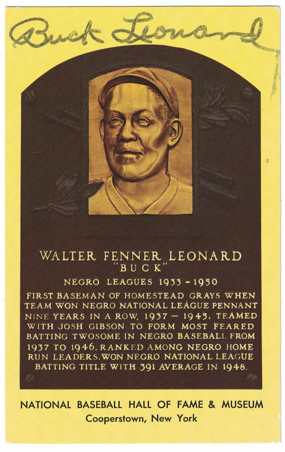 Buck Leonard Autographed Negro Leagues Hall Of Fame Plaque Postcard BAS