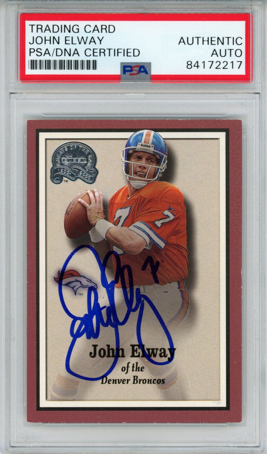 John Elway Autographed/Signed Broncos 2000 Fleer #50 Trading Card PSA Slab
