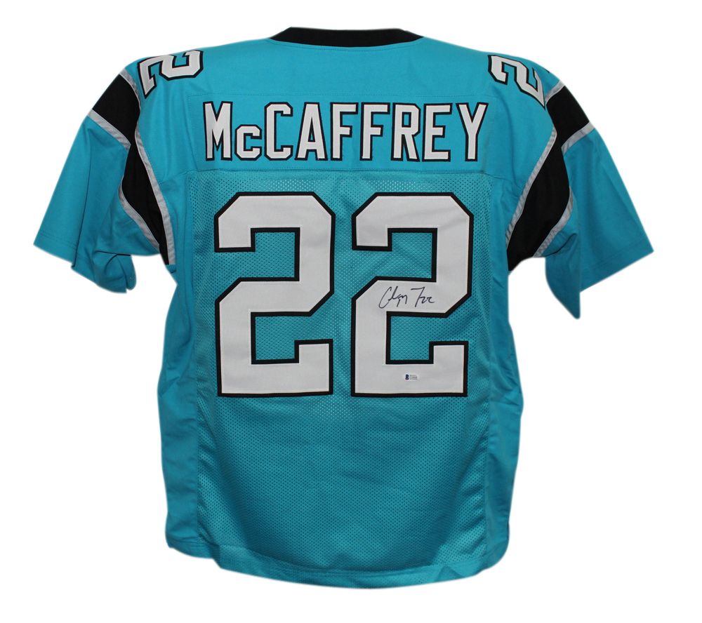 Christian McCaffrey Autographed/Signed Pro Style Blue XL Jersey Beckett