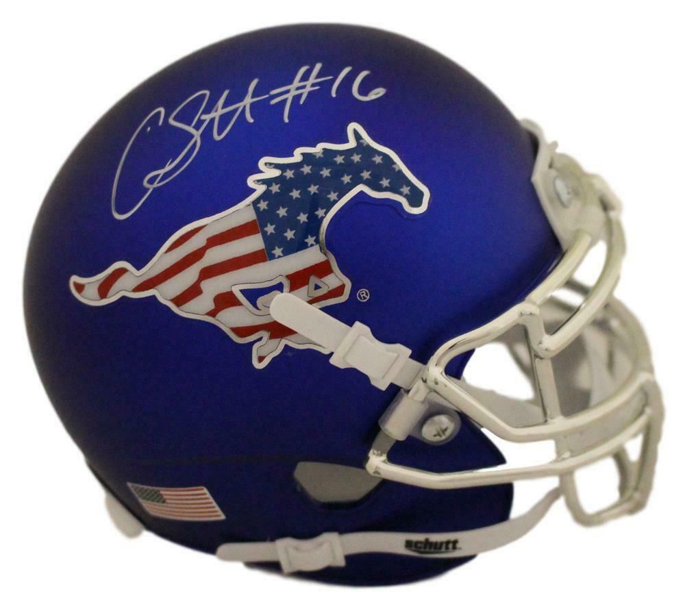 Courtland Sutton Autographed SMU Mustangs Schutt Blue Mini Helmet JSA