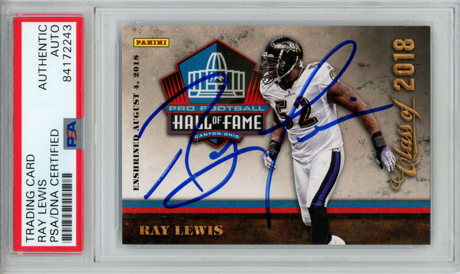 Ray Lewis Autographed/Signed 2018 Panini #5 Trading Card PSA Slab