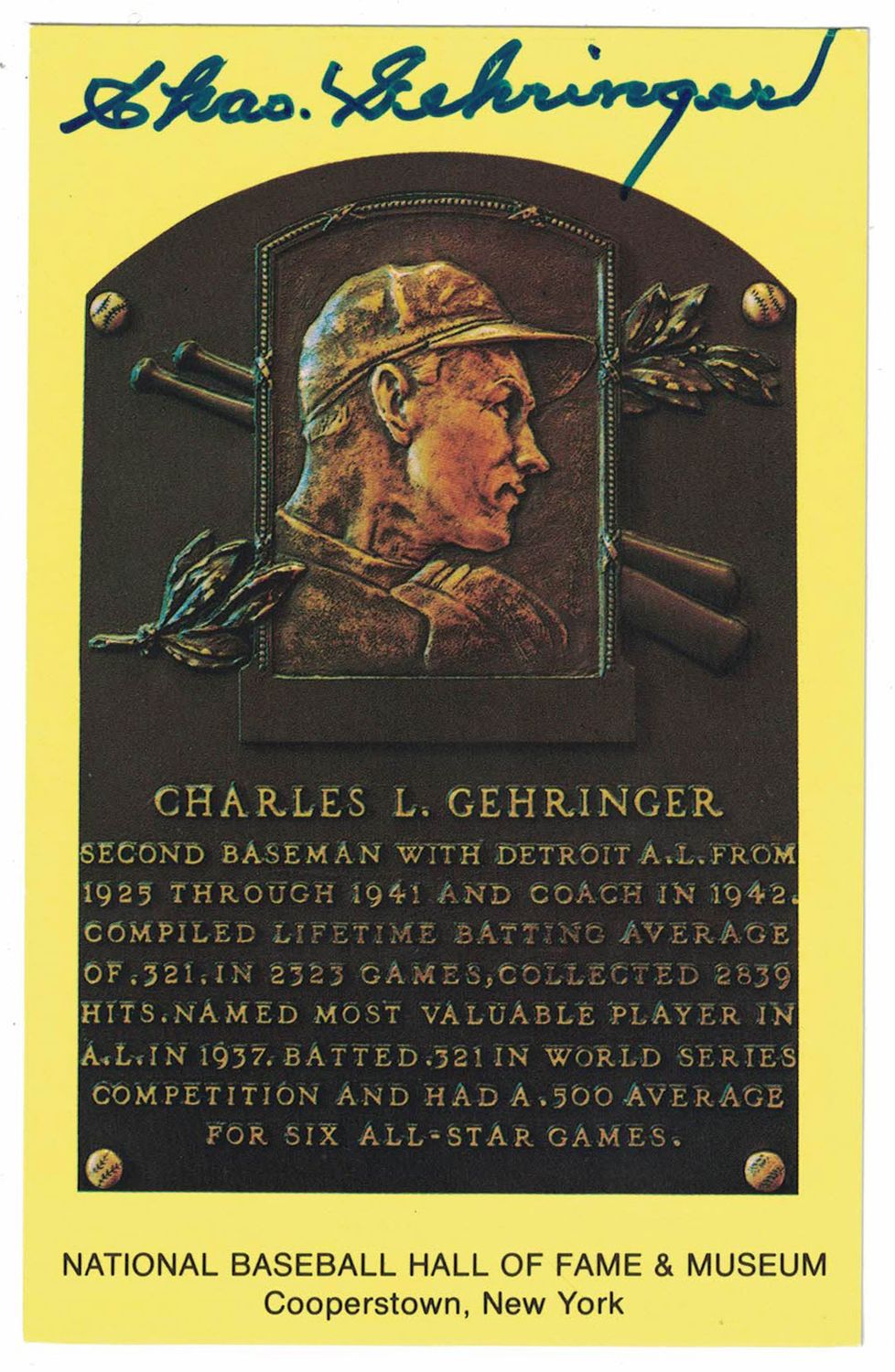 Charles Gehrlinger Autographed Detroit Tigers Hall Of Fame Plaque Postcard BAS