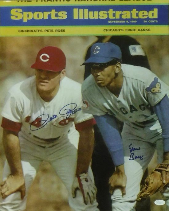 Pete Rose &amp; Ernie Banks Autographed Reds/Cubs 16x20 Photo JSA (SI Cover)