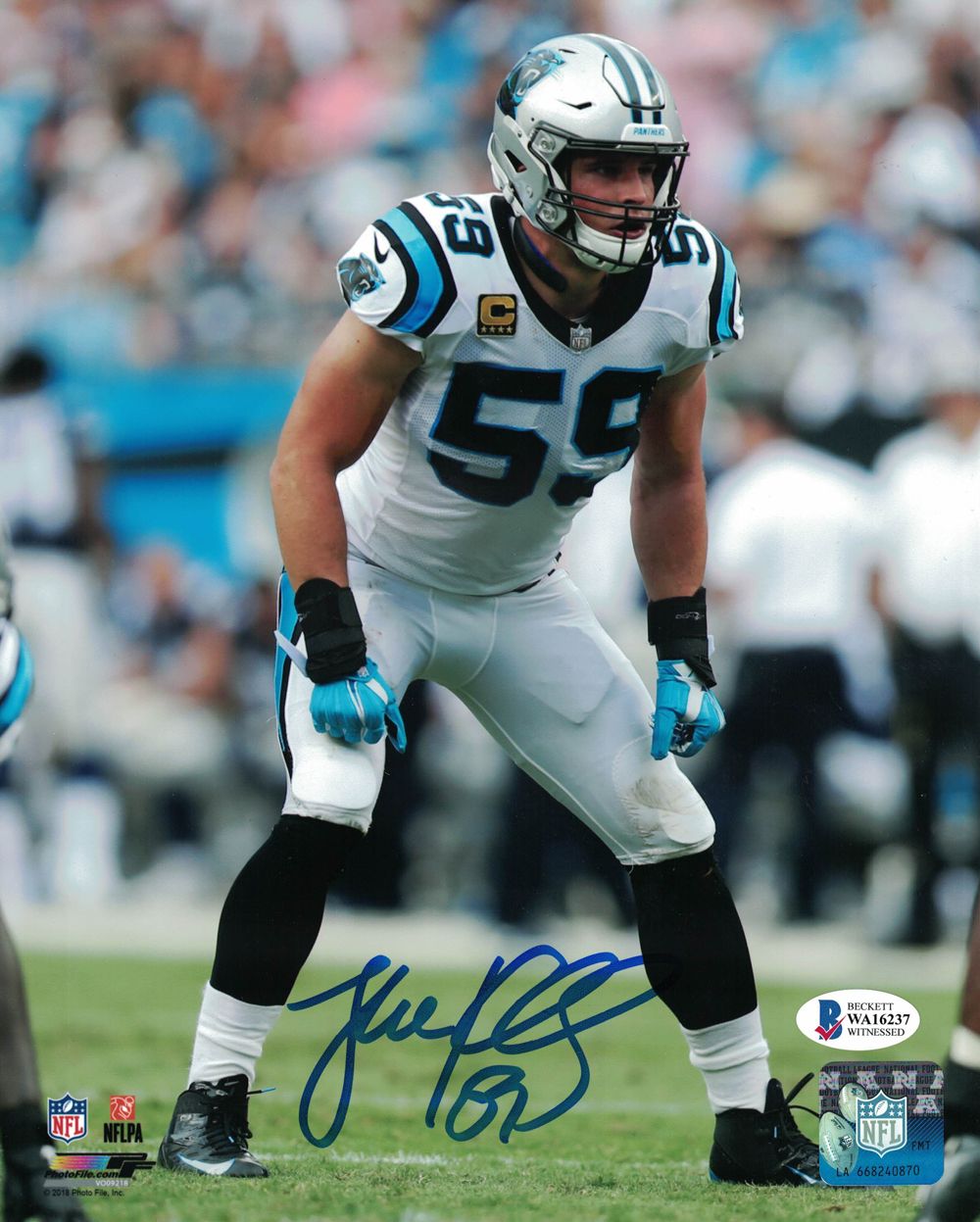 Luke Kuechly Autographed/Signed Carolina Panthers 8x10 Photo BAS PF