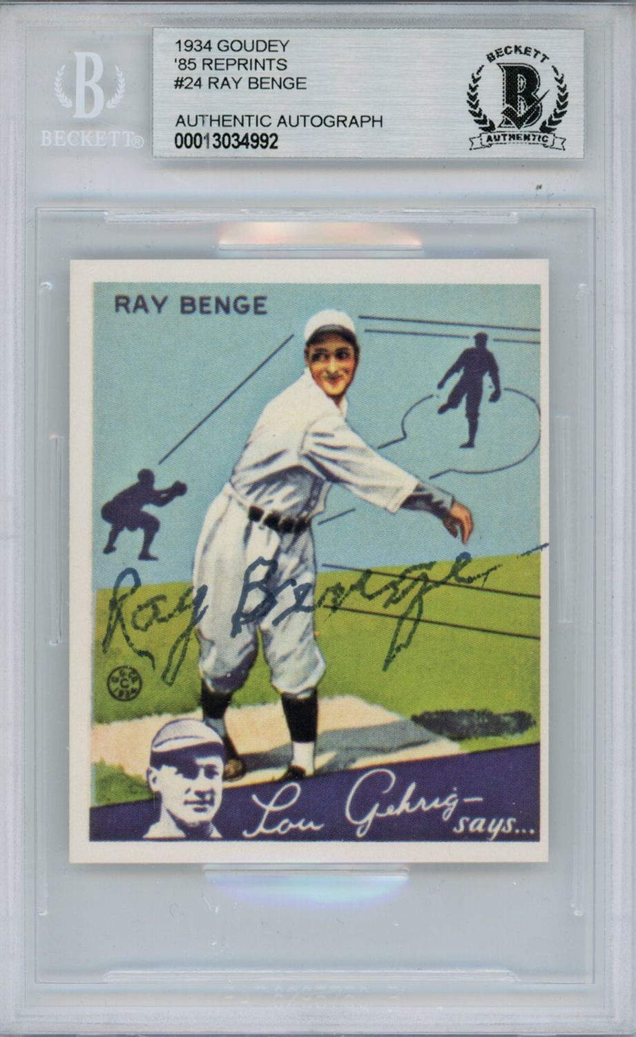 Ray Benge Autographed 1934 Goudey &#39;85 Reprints #24 Card Beckett Slab