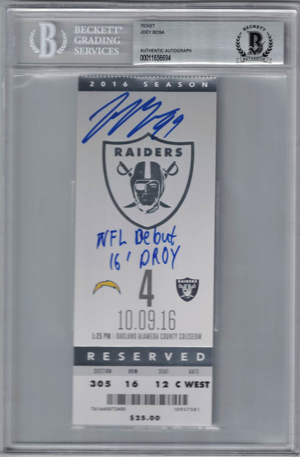 Joey Bosa Autographed San Diego Chargers Ticket NFL Debut &amp; DROY BAS Slab