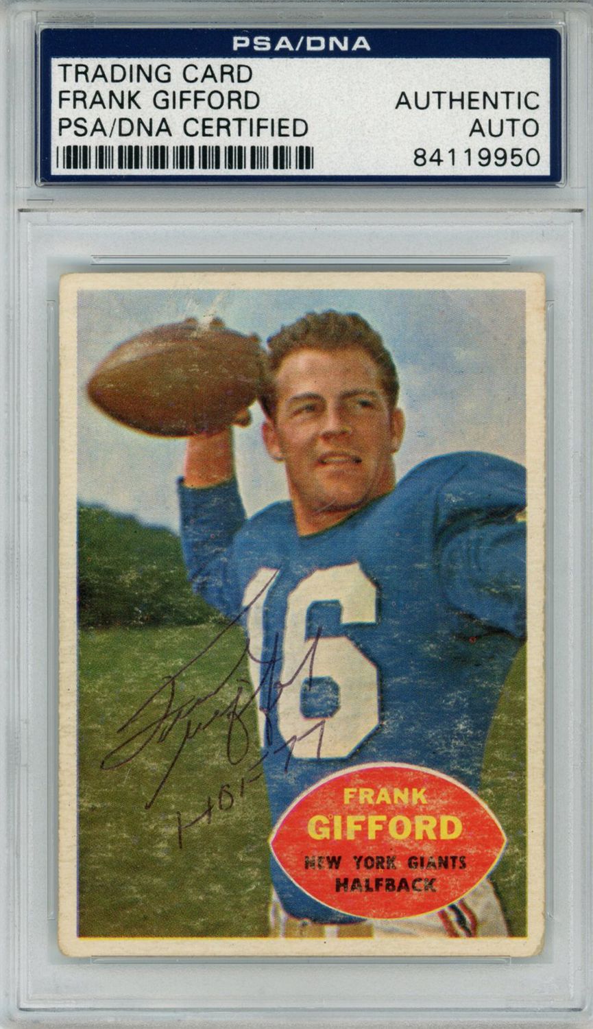 Frank Gifford Autographed/Signed 1960 Topps #74 Trading Card HOF PSA Slab