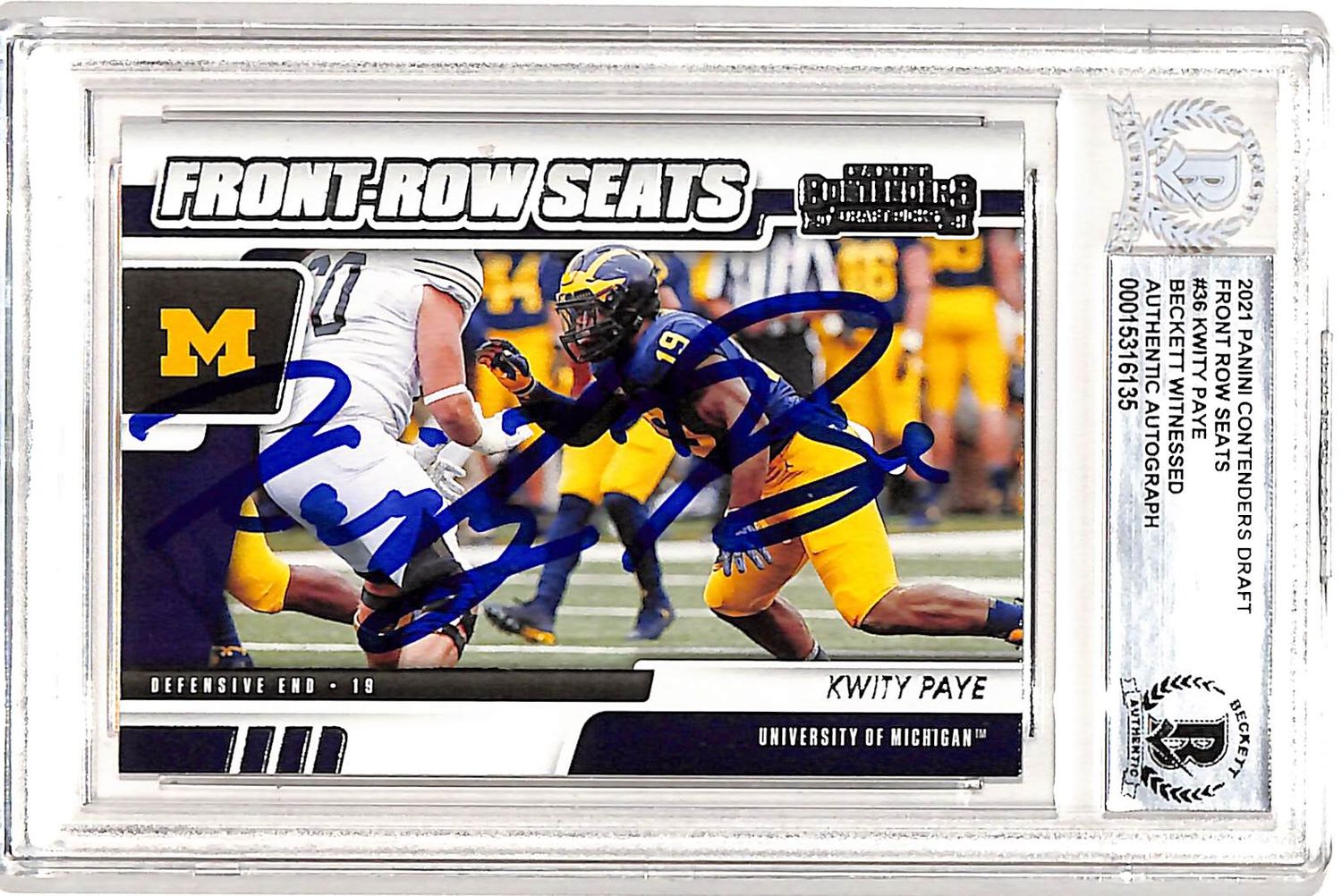Kwity Paye Autographed Contenders Front Row 2021 #36 Card Slab Beckett