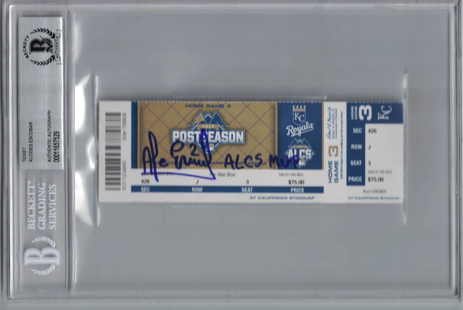 Alcides Escobar Signed Kansas City Royals ALCS Game 6 Ticket MVP BAS Slab