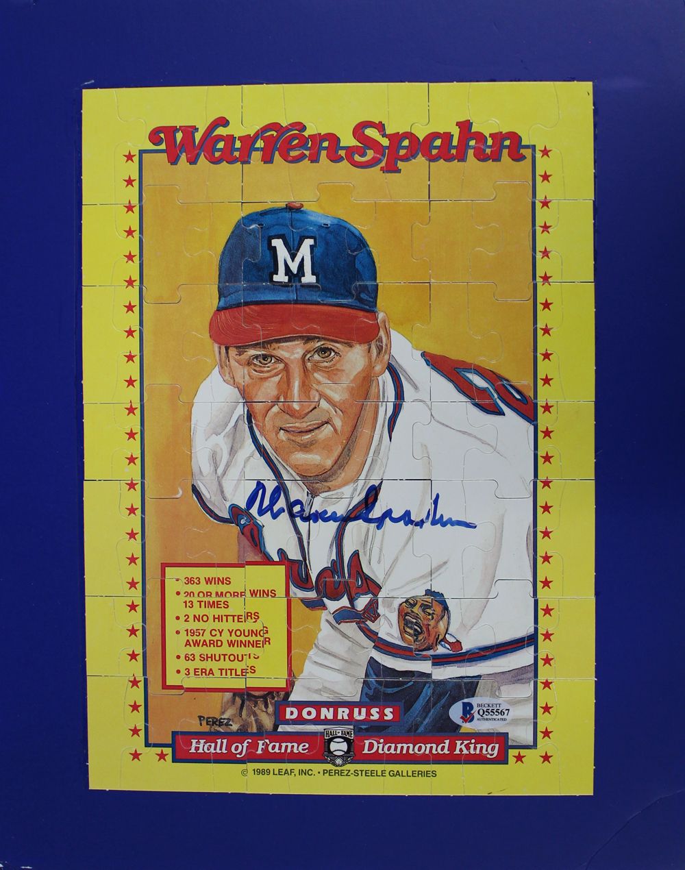 Warren Spahn Autographed Milwaukee Braves 1989 Donruss Puzzle BAS