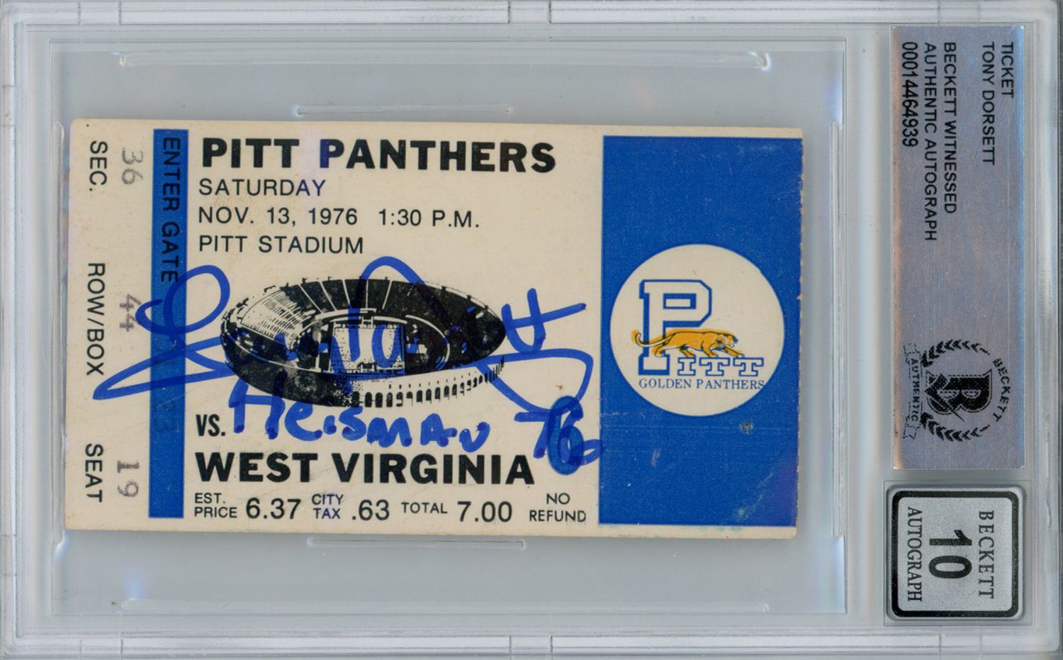 Tony Dorsett Autographed 11/13/1976 Ticket Stub Heisman Beckett Slab