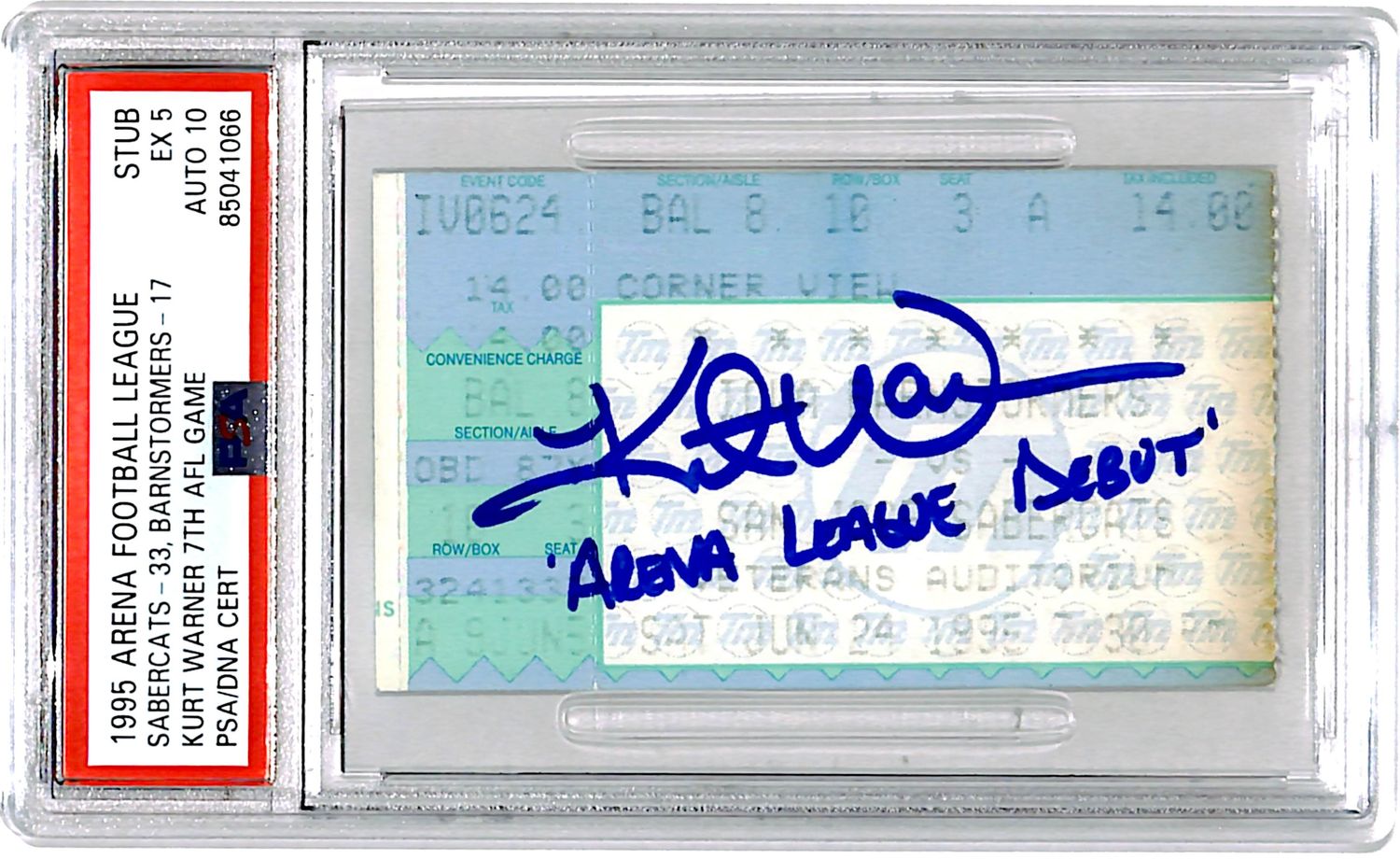 Kurt Warner Signed Iowa Barnstormers Ticket Stub Debut PSA 40776
