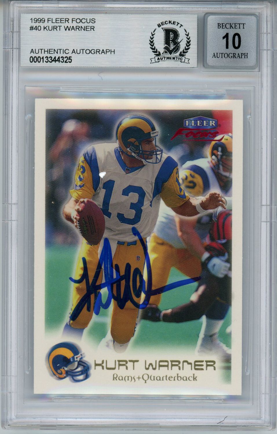 Kurt Warner Autographed 1999 Fleer Focus Rookie Card BAS 10 Slab