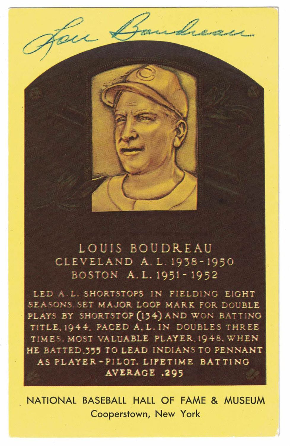Lou Boudreau Autographed Cleveland Indians Hall Of Fame Plaque Postcard BAS