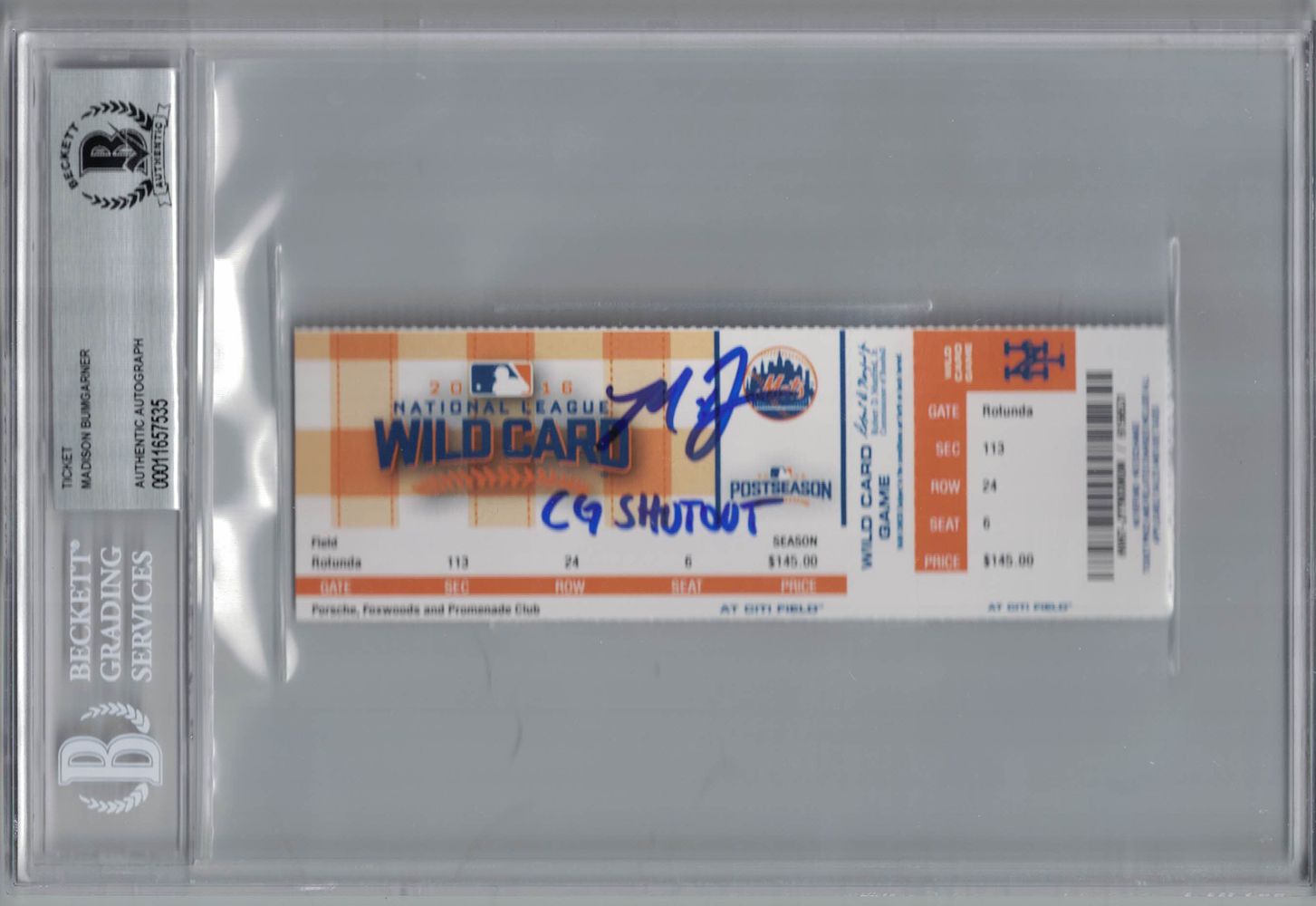 Madison Bumgarner Signed SF Giants 2016 Wild Card Ticket CG Shutout BAS