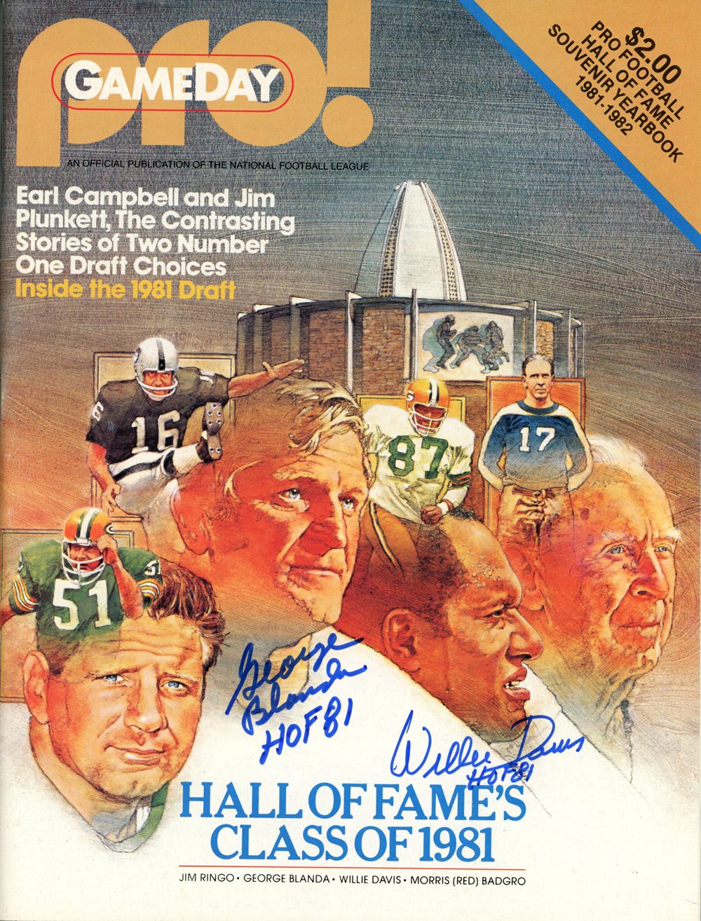 George Blanda &amp; Willie Davis Signed 1981-82 Pro! Hall Of Fame Magazine BAS