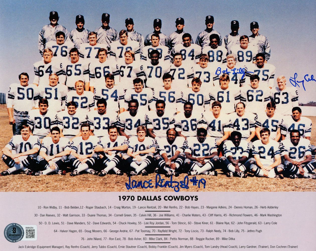 Bob Lilly, Cole &amp; Rentzel Signed Cowboys 1970 Roster 8x10 Photo BAS 45500