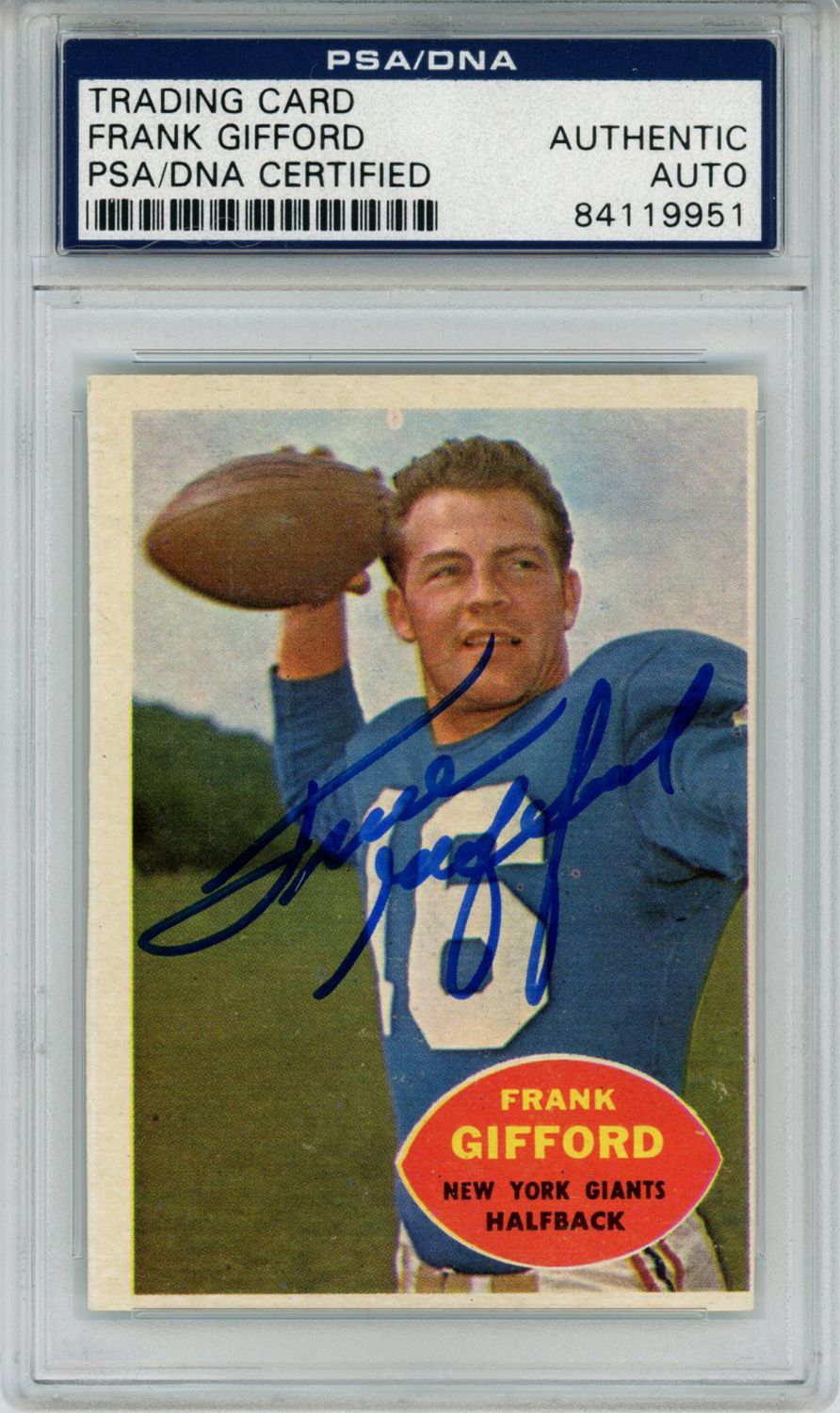 Frank Gifford Autographed/Signed 1960 Topps #74 Trading Card PSA Slab