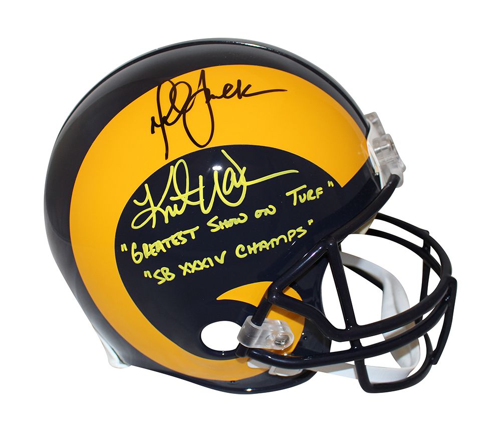 Kurt Warner &amp; Marshall Faulk Signed Rams Authentic 81-99 Helmet BAS